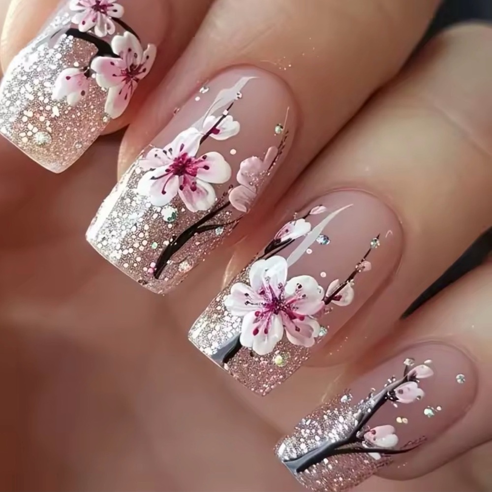 Cherry Blossom Nail Art with Glitter